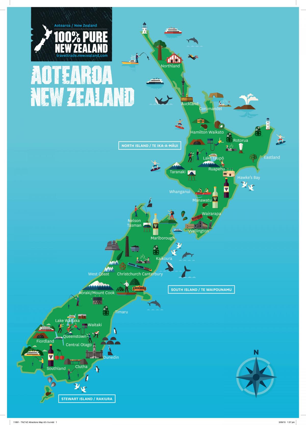 Mapa de atracciones turísticas de Nueva Zelanda