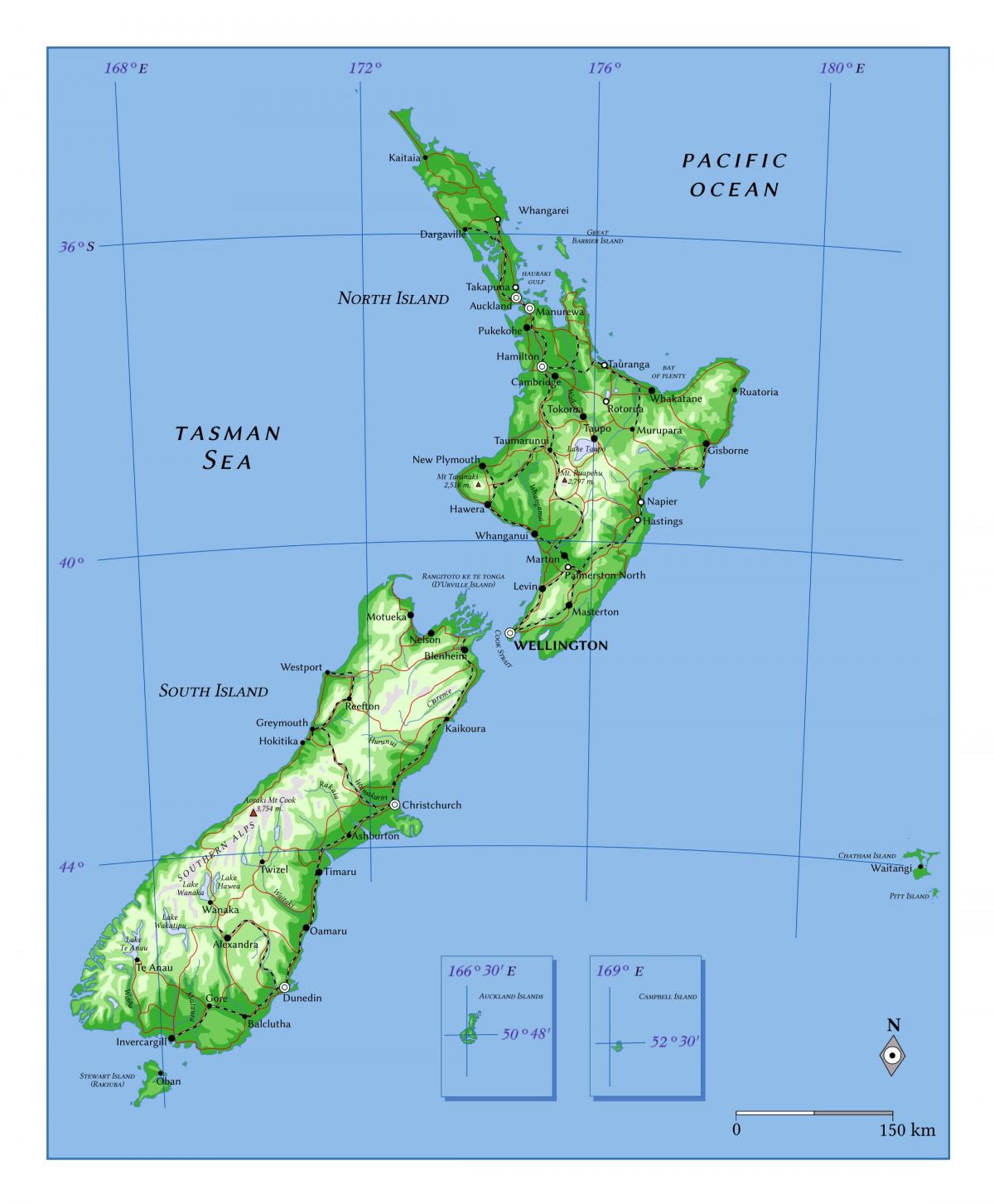 Mapa de altitud de Nueva Zelanda