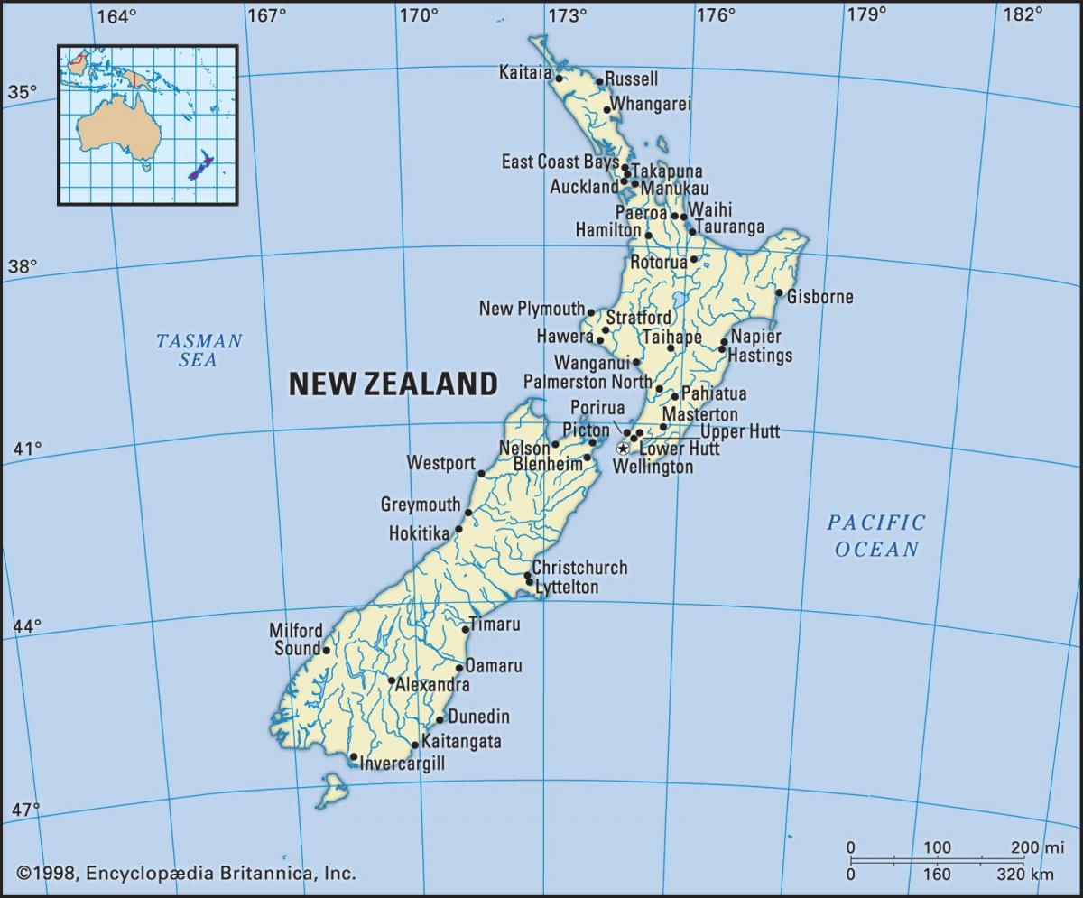 Mapa de Nueva Zelanda con las principales ciudades