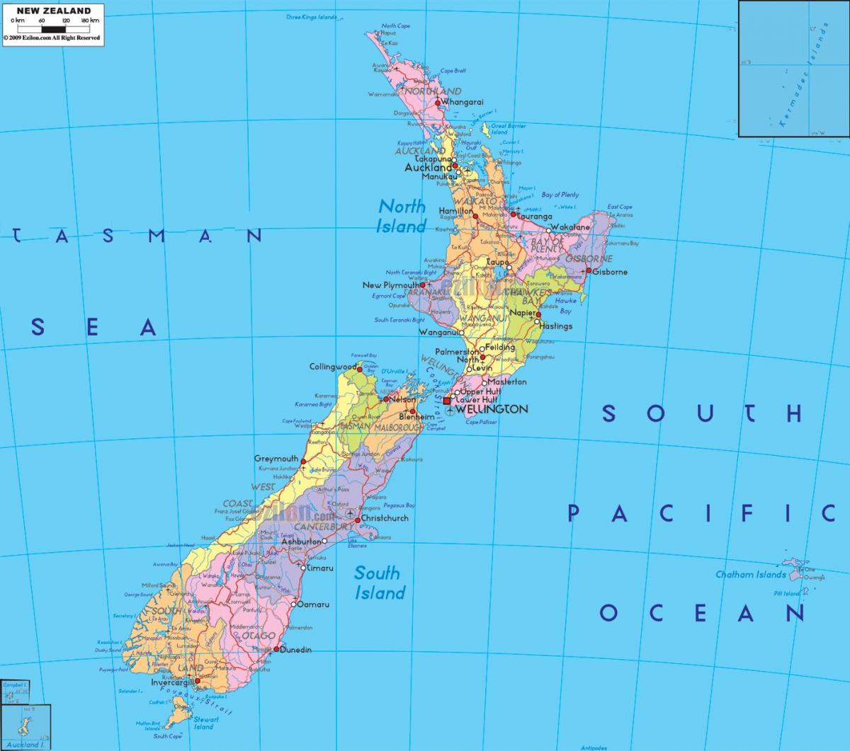 Mapa administrativo de Nueva Zelanda