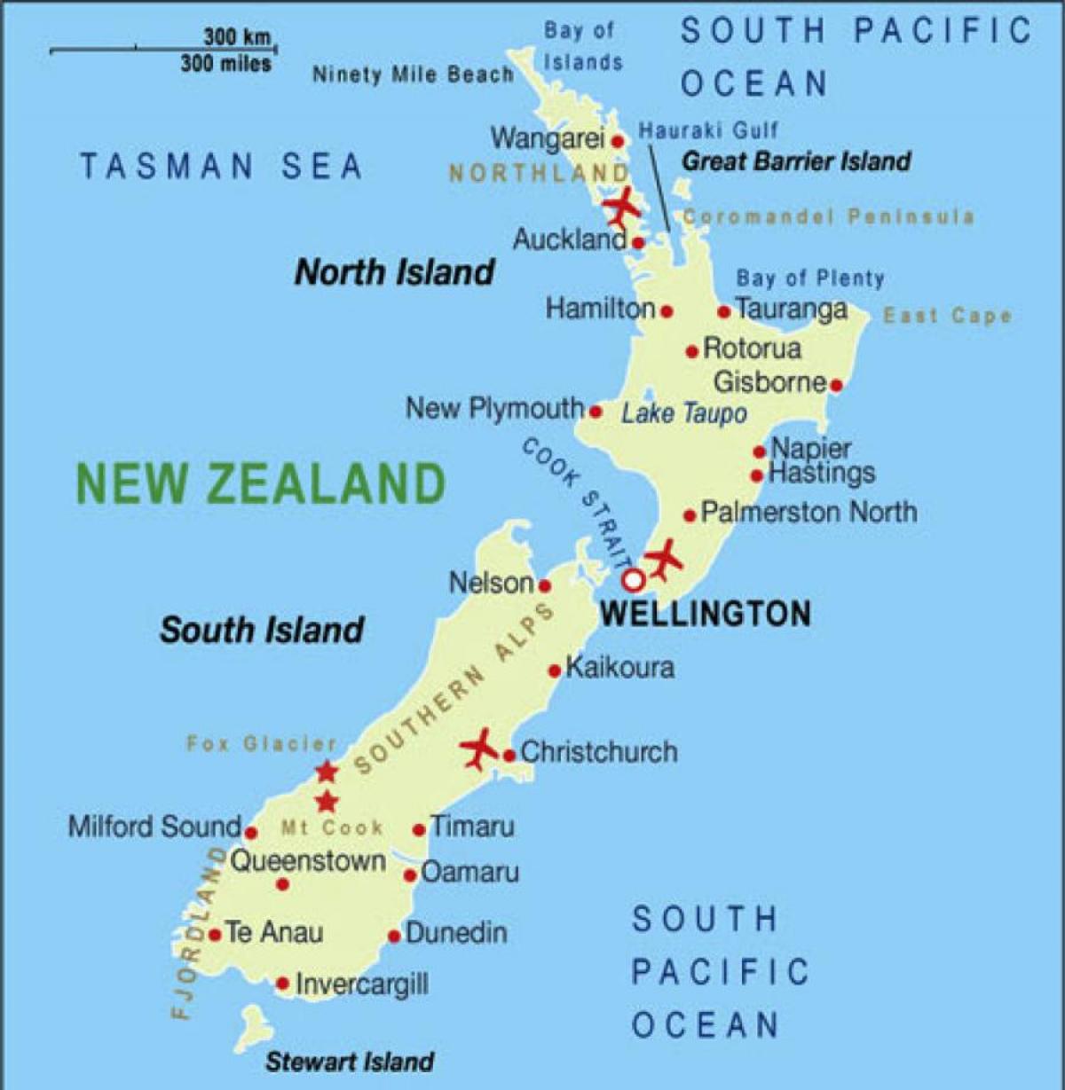 Mapa de los aeropuertos de Nueva Zelandia