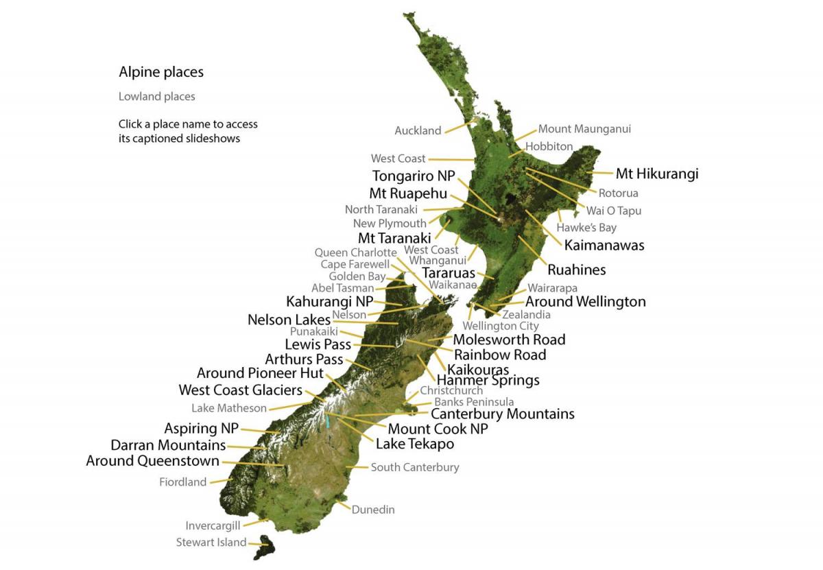 Mapa de las montañas de Nueva Zelanda